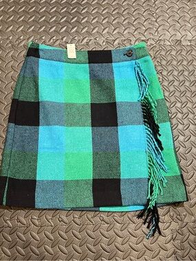 Talbots Teal & Navy Plaid Fringe Wrap Skirt
